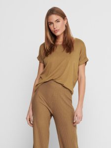 T-Shirt ONLY “ONLMOSTER – Kurzarmshirt mit Aufschlag und klassischem Look”, Damen, Gr. M (38), braun (toasted coconut), Jersey, Obermaterial: 75% Viskose, 20% Polyester, 5% Elasthan, unifarben, regular fit normal, Rundhals, mit Aufschlag, Shirts T-Shirt, Viskosemischung, regular fit bei vibequelle