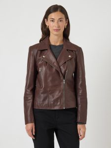 Lederjacke Y.A.S “YASSOPHIE LEATHER JACKET”, Damen, Gr. S, chicory coffee, Web, Obermaterial: 100% Ziegenleder, unifarben, figurbetont, V-Ausschnitt, Jacken, mit Biker Details