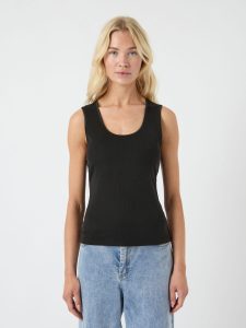 Tanktop Y.A.S “YASPALOMA TANK TOP NOOS”, Damen, Gr. S, schwarz, Jersey, Obermaterial: 67% Viskose, 30% Polyester, 3% Elasthan, unifarben, slim fit normal, Rundhals, Tops Tanktop, mit Satinpaspel