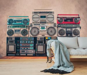 Vliestapete A.S. CRÉATION “Retrotapete Ghettoblaster Bunt Beige Vintage”, bunt (beige), B:2,55m H:0,02m L:3,5m, Vlies, Tapeten