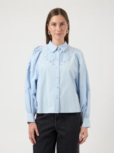 Spitzenbluse Y.A.S “YASZIMIA LS SHIRT S. NOOS”, Damen, Gr. 38, skyway, Web, Obermaterial: 100% Baumwolle, unifarben, normal, Blusen Spitzenbluse
