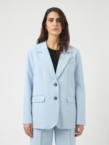 Longblazer Y.A.S “YASREEMAJ LS BLAZER NOOS”, Damen, Gr. 42, skyway, Web, Obermaterial: 77% Polyester, 19% Viskose, 4% Elasthan, unifarben, oversize, V-Ausschnitt, Blazer Longblazer