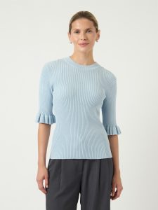 Rundhalspullover Y.A.S “YASMIKLA SS KNIT TOP S. NOOS”, Damen, Gr. L, skyway, Strick, Obermaterial: 65% Viskose, 35% Nylon, unifarben, slim fit normal, Rundhals, Pullover Rundhalspullover
