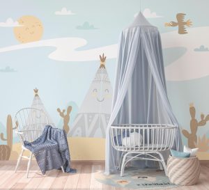 Vliestapete A.S. CRÉATION “Kinderzimmer Tapete Wüste Hellblau Beige”, blau, B:2,55m H:0,02m L:3,5m, Vlies, Tapeten