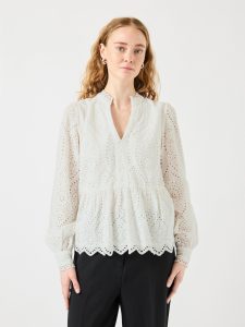 Spitzenbluse Y.A.S “YASHOLI LS TOP S. NOOS”, Damen, Gr. M, star weiß, Jersey, Obermaterial: 100% Baumwolle, unifarben, regular fit normal, V-Ausschnitt, Blusen Spitzenbluse