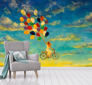 Vliestapete A.S. CRÉATION “Fototapete Frau mit Fahrrad & Ballons”, gelb, B:2,55m H:0,02m L:3,5m, Vlies, Tapeten