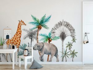 Vliestapete A.S. CRÉATION “Fototapete Safari Giraffe & Elefant Aquarelloptik”, weiß, B:2,55m H:0,02m L:3,5m, Vlies, Tapeten