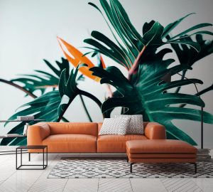 Vliestapete A.S. CRÉATION “PflanzenFototapete Monstera Dunkelgrün Orange”, blau, B:2,55m H:0,02m L:3,5m, Vlies, Tapeten