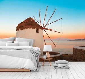 Vliestapete A.S. CRÉATION “Fototapete Windmühle am Meer Sonnenuntergang”, blau, B:2,55m H:0,02m L:3,5m, Vlies, Tapeten