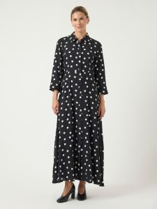 Hemdblusenkleid Y.A.S “YASSAVANNA LONG SHIRT DRESS”, Damen, Gr. M, N-Gr, schwarz aop:weiß dots, Web, Obermaterial: 100% Viskose, bedruckt, relaxed fit lang, Kleider, Sommerkleid, mit 3/4 Ärmel