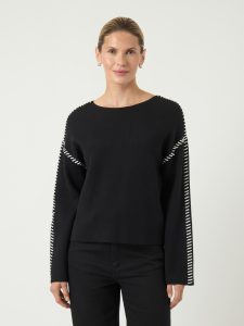 Strickpullover Y.A.S “YASSTITCHA LS KNIT PULLOVER S. NOOS”, Damen, Gr. XS, schwarz, Strick, Obermaterial: 50% Viskose, 28% Nylon, 22% Polyester, unifarben mit Farbeinsatz, oversize normal, Rundhals, Pullover Strickpullover, farblich abgesetzte Nähte