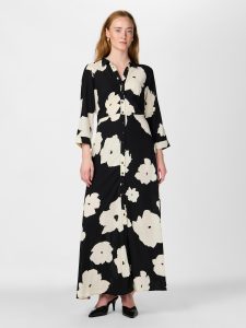 Hemdblusenkleid Y.A.S “YASSAVANNA LONG SHIRT DRESS”, Damen, Gr. L, N-Gr, schwarz (schwarz aop:mille), Web, Obermaterial: 100% Viskose, bedruckt, relaxed fit lang, Kleider, Sommerkleid, mit 3/4 Ärmel