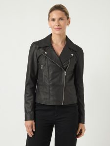 Lederjacke Y.A.S “YASSOPHIE LEATHER JACKET”, Damen, Gr. L, schwarz, Web, Obermaterial: 100% Ziegenleder, unifarben, figurbetont, V-Ausschnitt, Jacken, mit Biker Details