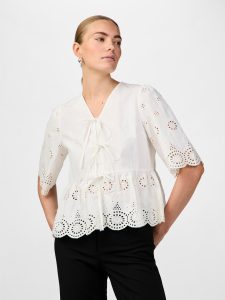 Spitzenbluse Y.A.S “YASCORNELIA 2/4 TIE TOP S. NOOS”, Damen, Gr. 40, weiß (star weiß), Web, Obermaterial: 100% Baumwolle, unifarben, regular fit kurz, V-Ausschnitt, Blusen Spitzenbluse, Baumwolle, regular fit