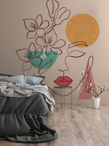 Vliestapete A.S. CRÉATION “Fototapete Line Art Frau mit Blüten”, orange, B:2,55m H:0,02m L:3,5m, Vlies, Tapeten
