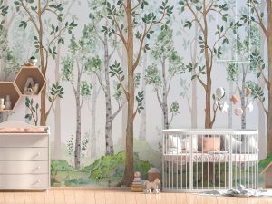 Vliestapete A.S. CRÉATION “Fototapete Wald Aquarell Grün Braun Kinderzimmer”, grau, B:2,55m H:0,02m L:3,5m, Vlies, Tapeten