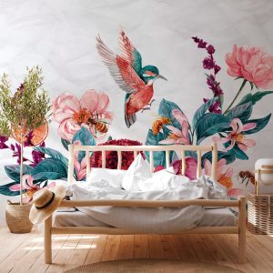 Vliestapete A.S. CRÉATION “Fototapete Aquarell Blumen Vogel Bienen Floral”, grau, B:2,55m H:0,02m L:3,5m, Vlies, Tapeten