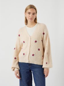 Strickjacke Y.A.S “YASFLEUR LS KNIT CARDIGAN S. NOOS”, Damen, Gr. M, birch detail:bouquet flower, Strick, Obermaterial: 52% Polyester, 26% Polyacryl, 10% Nylon, 9% Wolle, 3% Elasthan, bedruckt, regular fit normal, V-Ausschnitt, Rippbündchen, Strickjacken Strickjacke, Materialmix, regular fit, bestickt