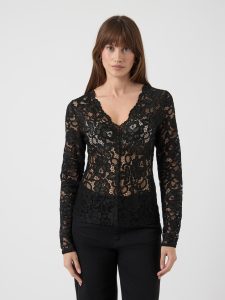 Spitzenshirt Y.A.S “YASLACEY LS V-NECK LACE TOP S. NOOS”, Damen, Gr. L, schwarz, Jersey, Obermaterial: 95% Nylon, 5% Elasthan, unifarben, slim fit normal, V-Ausschnitt, Shirts