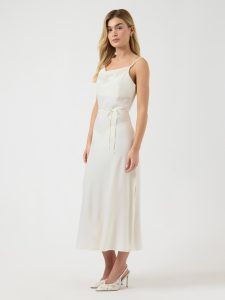 Spaghettikleid Y.A.S “YASTHEA STRAP LONG DRESS S. NOOS”, Damen, Gr. 34, N-Gr, gardenia, Web, Obermaterial: 97% Polyester, 3% Elasthan, unifarben, wadenlang, Wasserfallausschnitt, Kleider, Sommerkleid