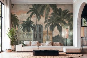 Vliestapete A.S. CRÉATION “Cuba II Vintage Havana Palms Fototapete”, gelb, B:3,71m L:2,8m, Vinyl, Vlies, Tapeten, Tropisches Stadtmotiv mit Palmen und architektonischem Flair
