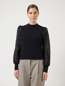 Rundhalspullover Y.A.S “YASDOTME LS KNIT PULLOVER S. NOOS”, Damen, Gr. S, schwarz detail:flowers, Rippstrick, Obermaterial: 52% Viskose, 26% Polyester, 22% Nylon, unifarben, regular fit normal, hoch geschlossener Ausschnitt, Rippbündchen, Pullover Rundhalspullover