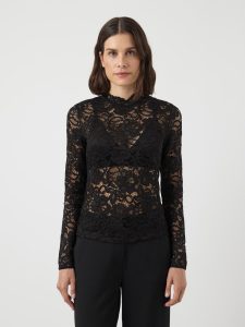 Langarmshirt Y.A.S “YASLACEY LS LACE TOP S. NOOS”, Damen, Gr. L, schwarz, Jersey, Obermaterial: 95% Nylon, 5% Elasthan, unifarben, slim fit normal, hoch geschlossener Ausschnitt, Shirts Langarmshirt, Materialmix, slim fit