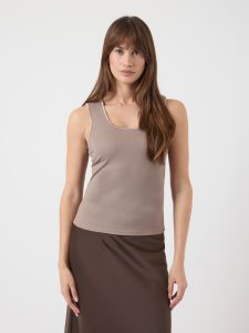 Tanktop Y.A.S “YASPALOMA TANK TOP NOOS”, Damen, Gr. M, grau (taupe gray), Jersey, Obermaterial: 67% Viskose, 30% Polyester, 3% Elasthan, unifarben, slim fit normal, Rundhals, Tops Tanktop, mit Satinpaspel